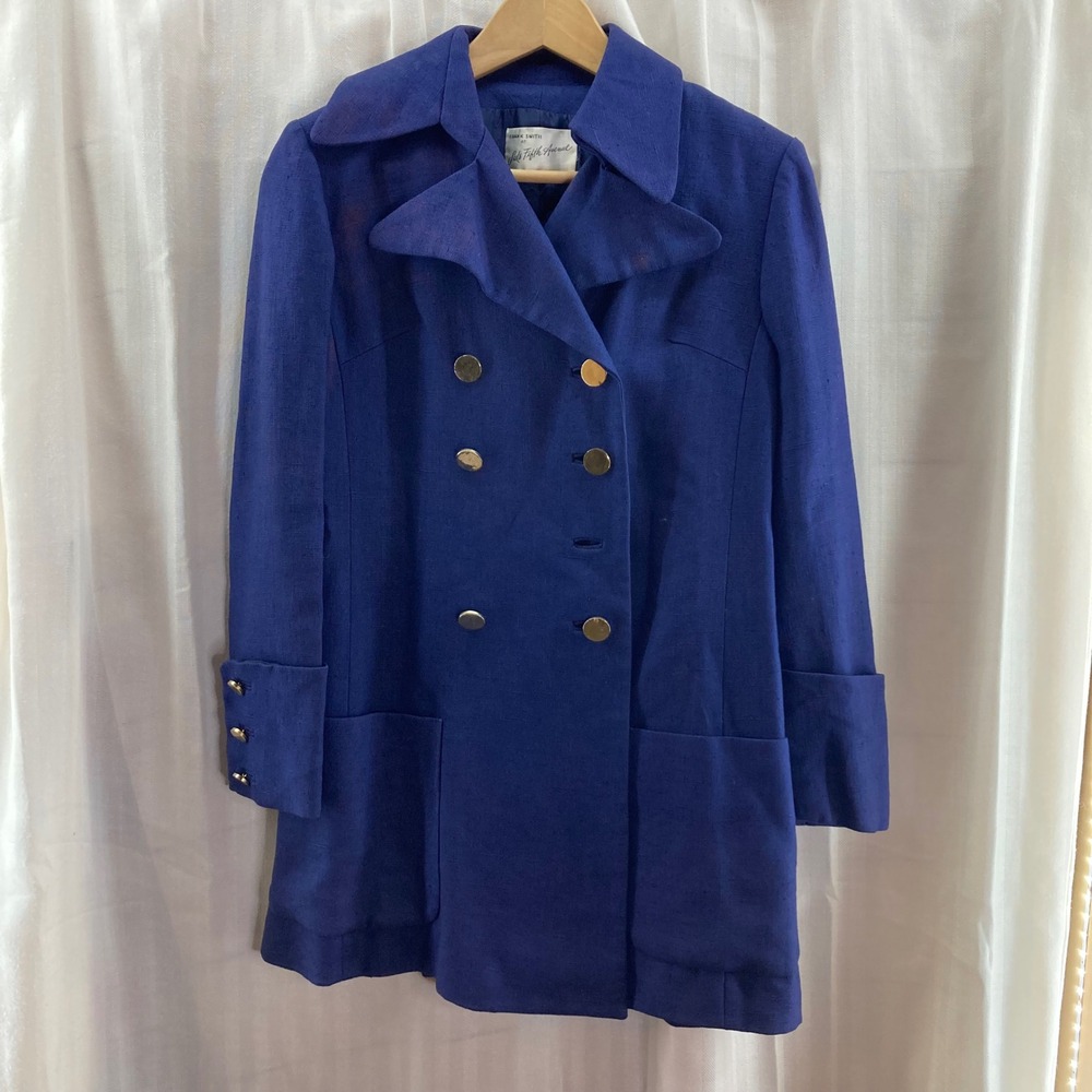 Vtg Frank Smith Saks Fifth Avenue Double Breasted Blue Wool Blend Blazer Coat 8 - Picture 1 of 13